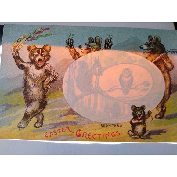 Hold To Light Easter Fantasy Postcard Look Thro Musical Bears Owl Squirrel Egg - Picture 4 of 4